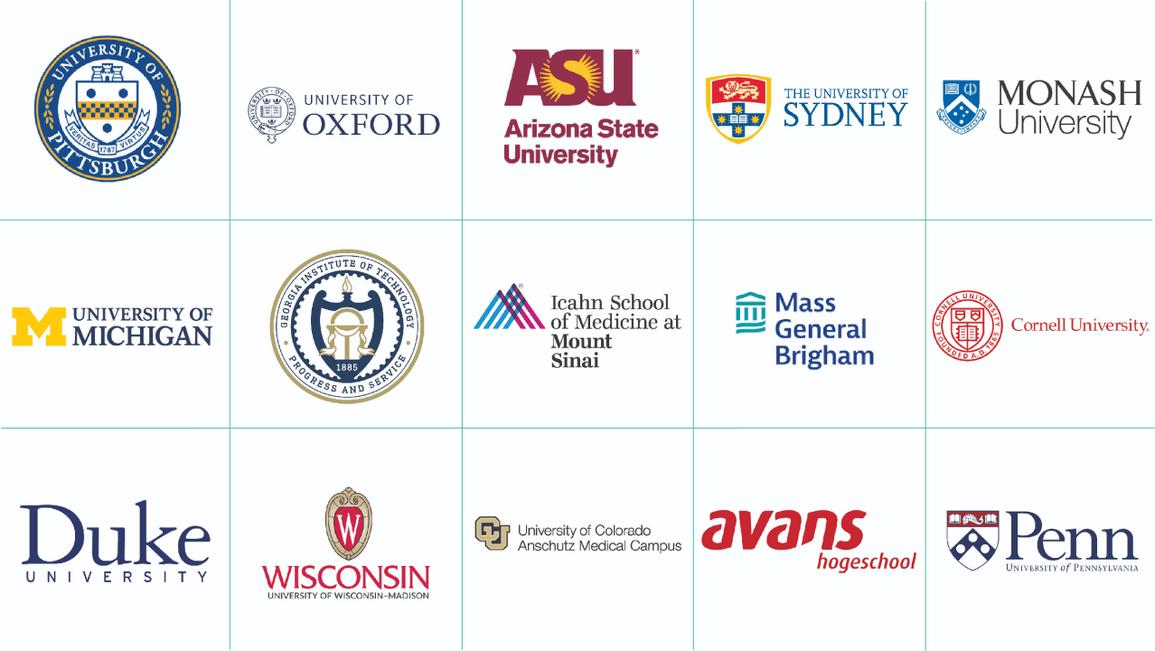 Logos of academic customers including Pittsburgh, Oxford, Duke, Michigan, Cornell and Penn