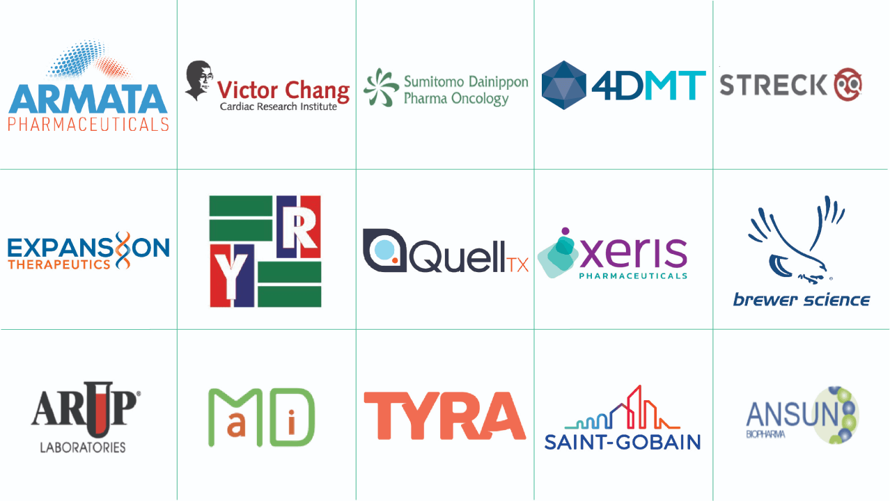 Logos of commercial and startup customers including Armata, 4DMT, Streck, Xeris and Saint-Gobain