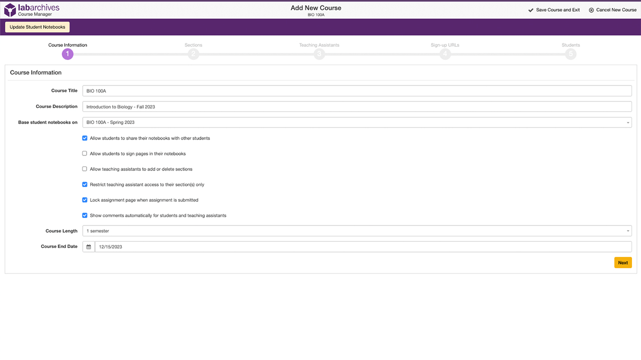 LabArchives Course Manager showing new course setup form with title, sections and student permissions