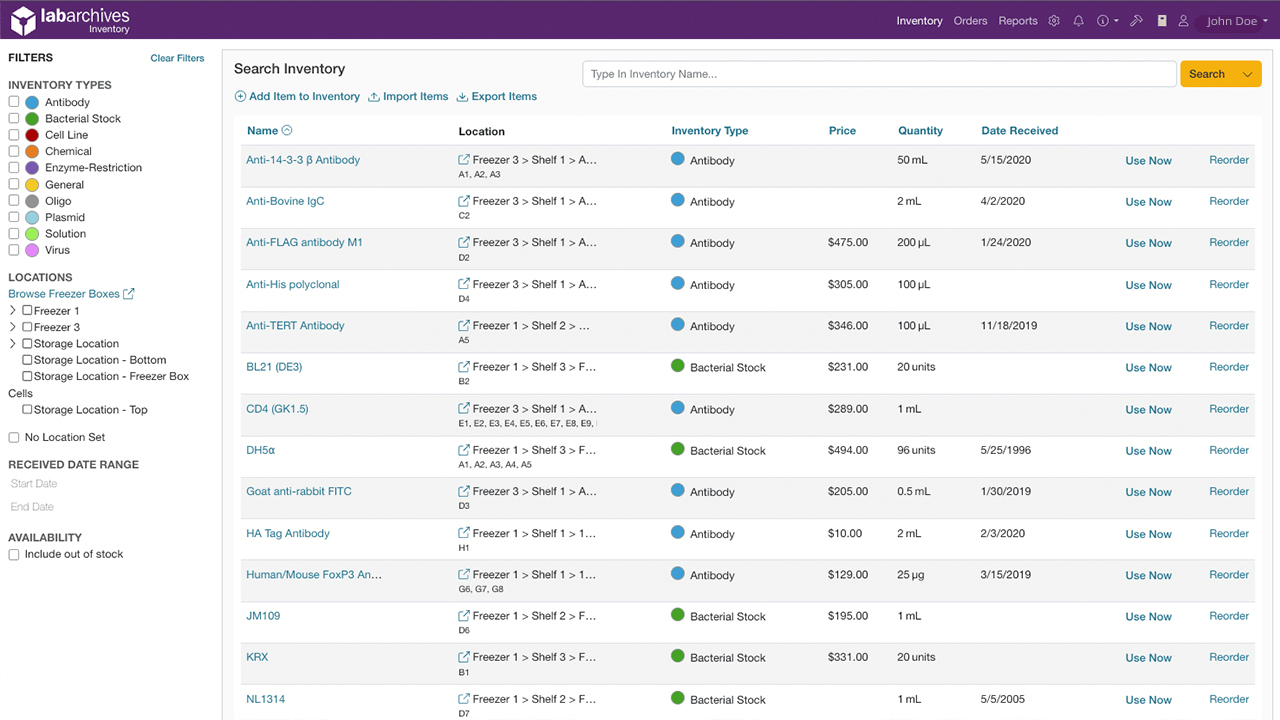LabArchives Inventory interface with filters, sample list, freezer locations, prices and quantities
