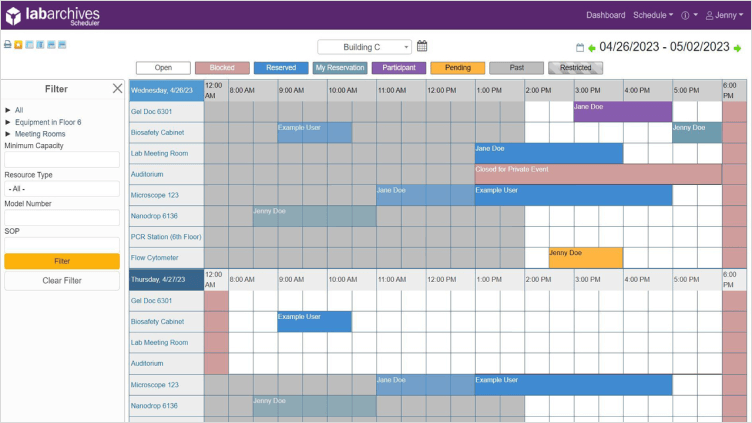 LabArchives Scheduler weekly calendar with color-coded equipment and room reservations